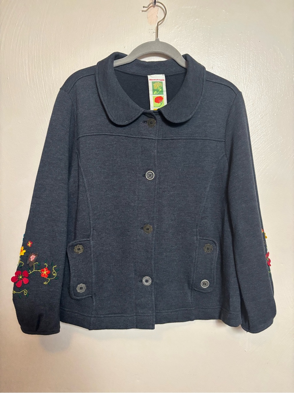 Mamatayoe Women’s Jacket Embroidered Flower Sleeves Embellished Button Gray L
